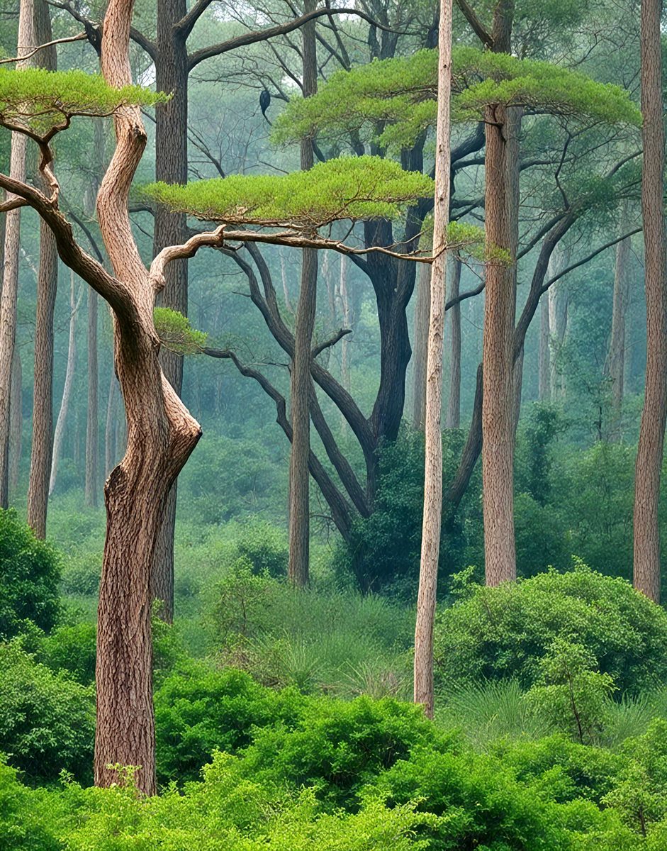 The primary subject of the image is a large tree with a bird perched on its branches. The tree is surrounded by a lush green forest, creating a serene and natural atmosphere. The visual style of the image is a photo, capturing the beauty of the tree and its surroundings. The colors in the image are predominantly green, representing the lush forest and the vibrant life of the tree and its surroundings.